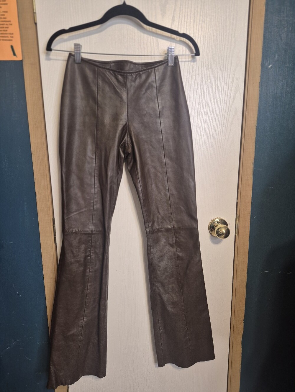Caché Women Chocolate Brown Soft Lamb Leather Boot Cut Pants Side Zip